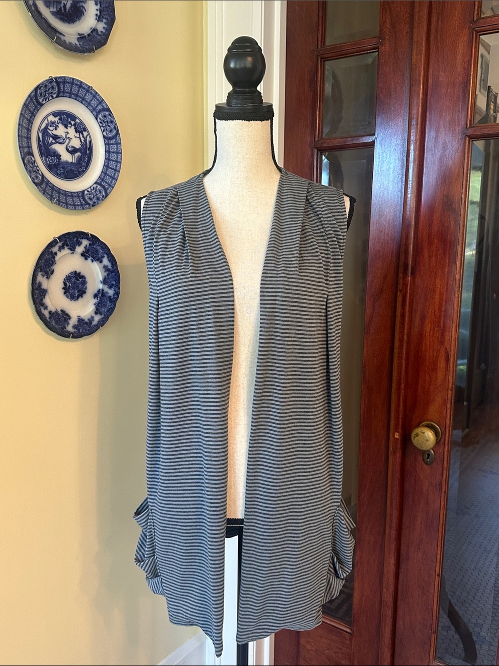 Chalet | Lagenlook Striped Sleeveless Open Front Cardigan Vest, Bamboo Blend, S